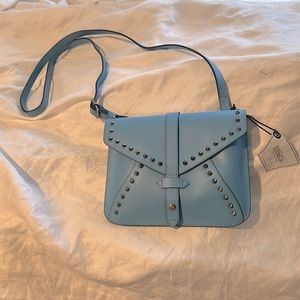 Blue leather, Silver studded brand new BeCa by JOY GRYSON.